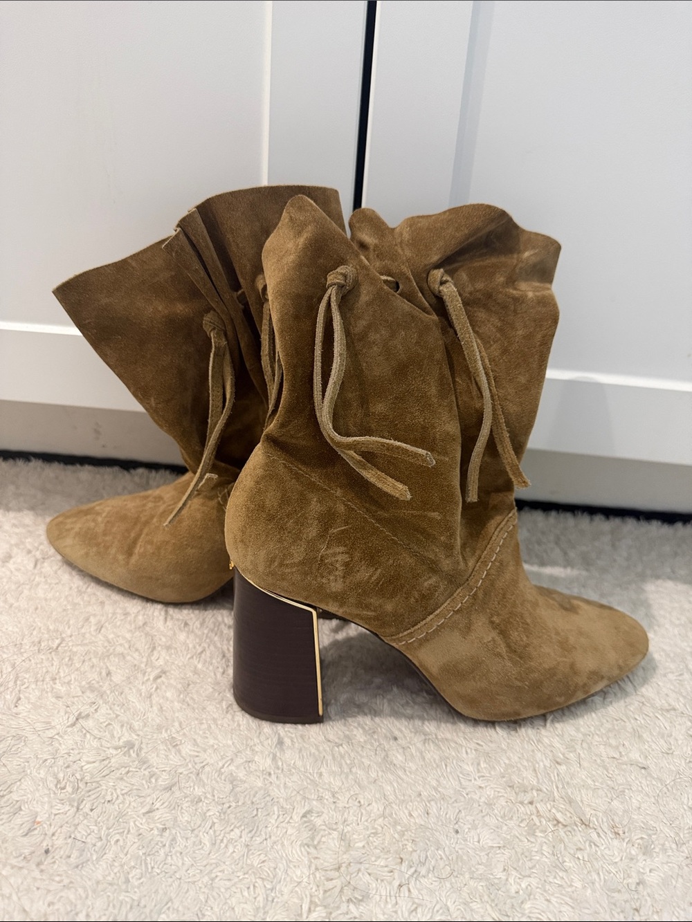 Tory Burch Tan Suede Slouchy Drawstring Block Heel Boots
